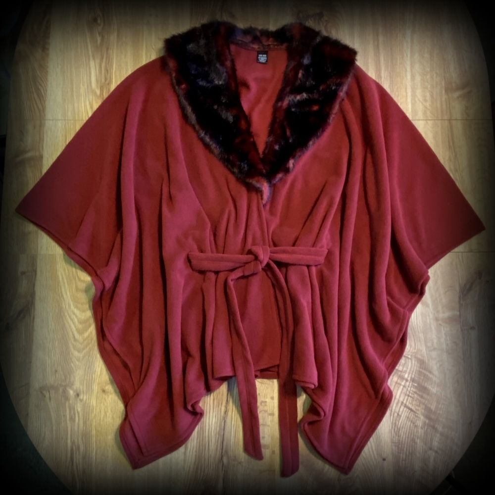 Mixit Fur Collar Belted Poncho Cape Jacket OS